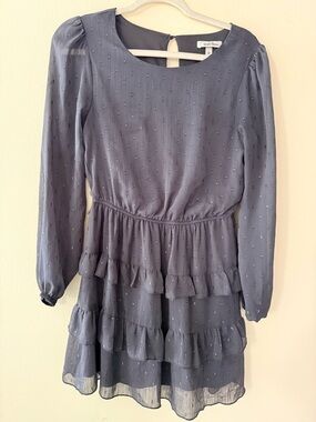 Speechless Slate Grey Ruffle Tiered Long-Sleeve Dress, Sheer Sleeves, size M